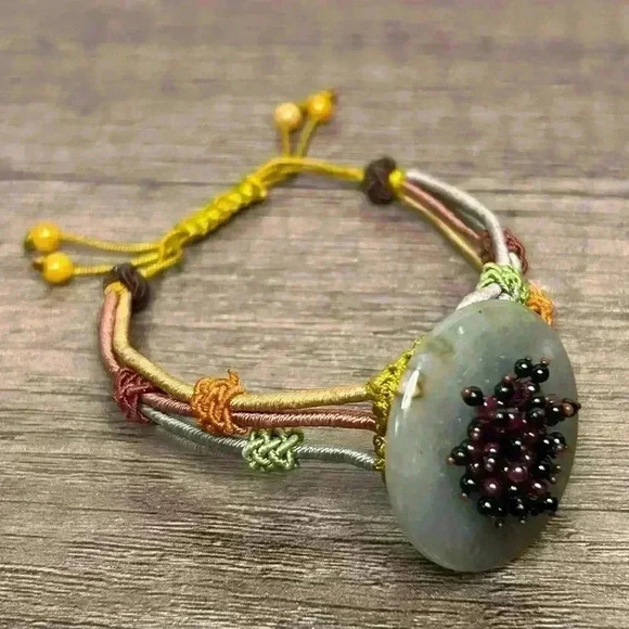 Vintage Beaded Flower Green Jade Stone with Braided Accents Buckle Bracelet - Picture 1 of 5